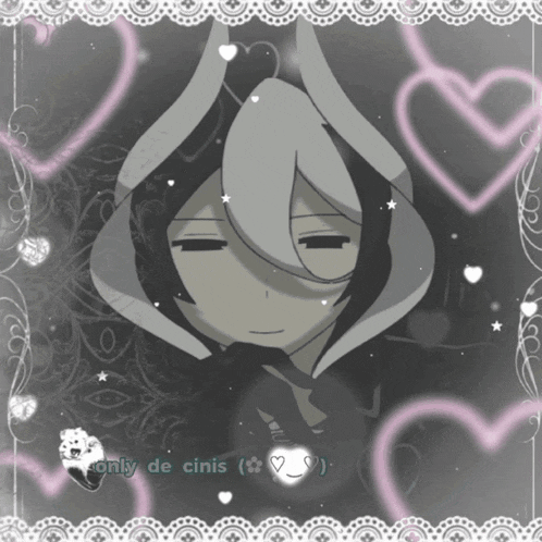 a black and white drawing of a rabbit with hearts around it and the words only de ciniis on the bottom