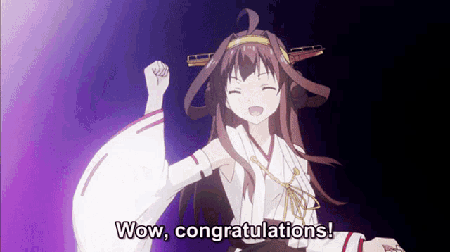 a cartoon girl says wow congratulations in a purple background
