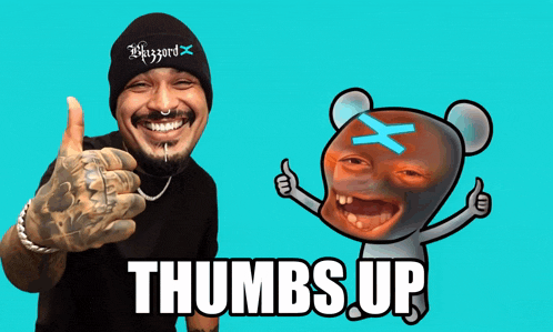 a man giving a thumbs up next to a cartoon bear with a cross on it