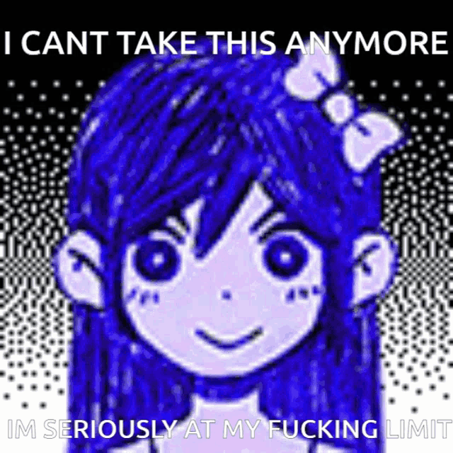 a drawing of a girl with blue hair and a bow on her head .