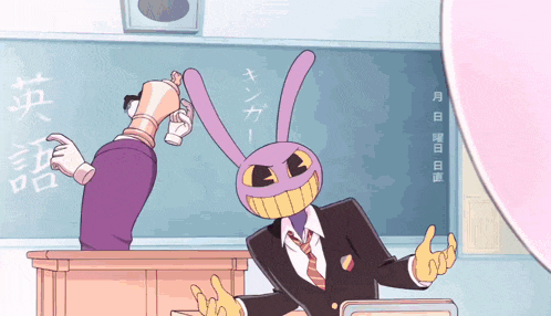 a cartoon drawing of a man with a purple bunny head standing in front of a blackboard