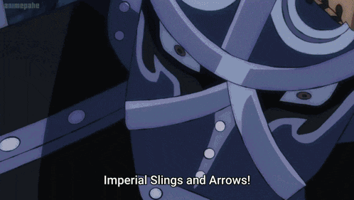 a cartoon character with the words imperial slings and arrows on it