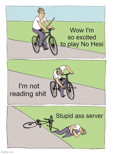 a cartoon of a man riding a bike with the words wow i 'm so excited to play no hesi on the bottom