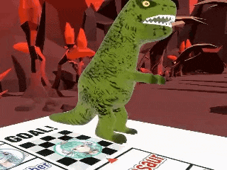 a green dinosaur is standing on a checkered board with the word goal on it .