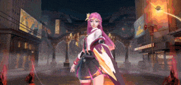 a girl with pink hair is holding a sword in a video game scene