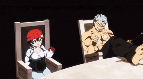 a man with the number 1845 on his chest sits next to a woman in a red hat