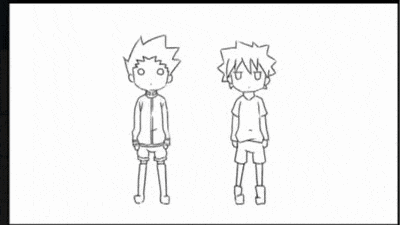 a black and white drawing of a boy kicking a ball and another boy kicking a ball .