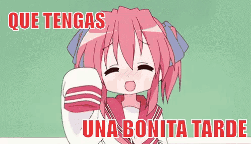 a cartoon of a girl with pink hair and the words que tengas una bonita tarde above her