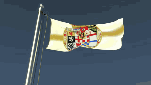 a flag with a coat of arms on it is flying in the wind