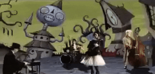 a man is playing a piano in a cartoon scene with a group of people playing instruments .