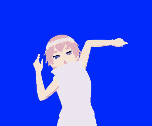 a cartoon girl with pink hair and a white dress is stretching her arm