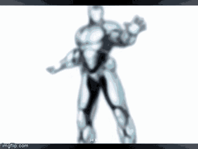a superhero in a silver suit is standing on a white background with his arms outstretched .