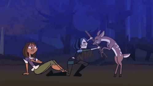 a cartoon of two girls and a deer in a forest