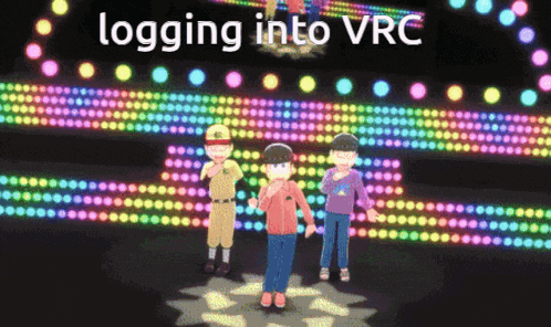 a group of cartoon characters on a stage with the words logging into vrc