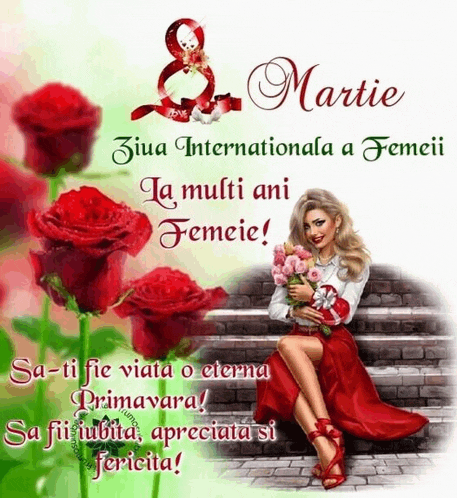 a woman in a red dress sits on a set of stairs holding a bouquet of red roses