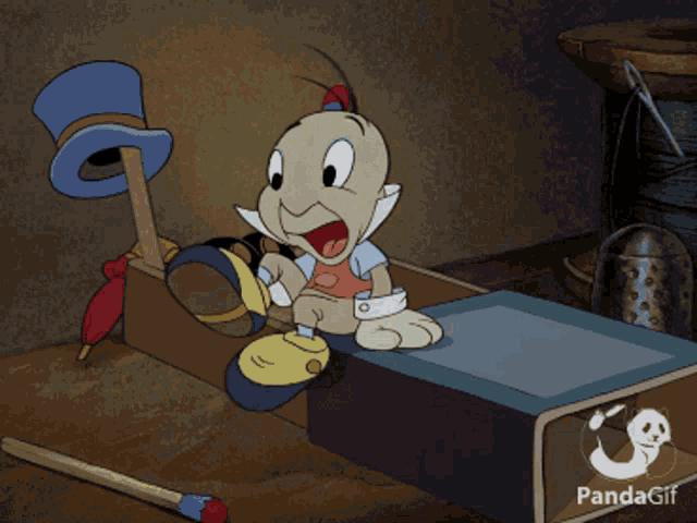 a cartoon character is sitting on a box with a panda gif logo on the bottom