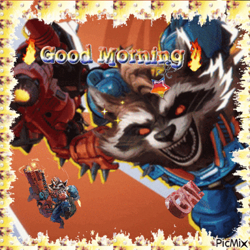 a picture of a raccoon with a rocket launcher and the words good morning