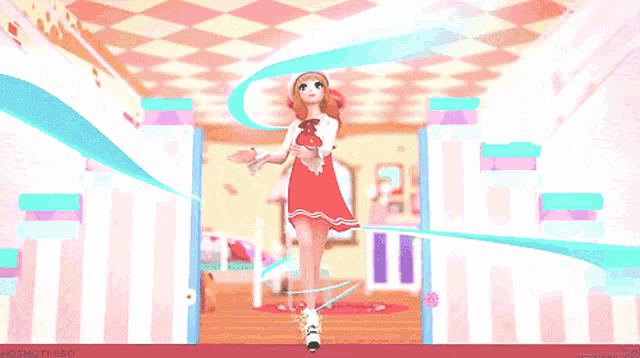a girl in a black dress is dancing in front of a pink and white striped wall with a picture of a heart on it