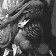 a black and white photo of a dragon with sharp teeth and a long tail .