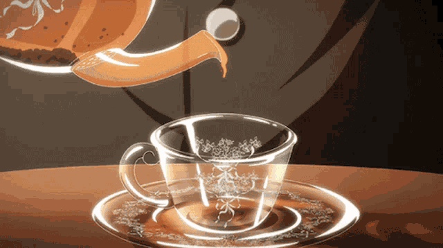 a cup of tea is being poured from a teapot into a cup on a saucer