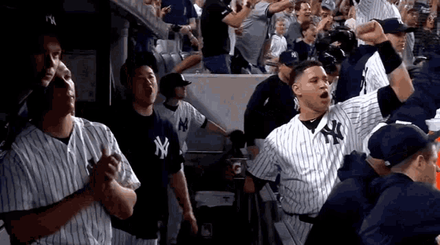 a new york yankees player stands in the dugout
