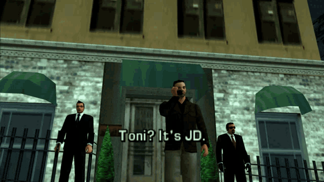a video game scene with a man talking on a cell phone and the words toni ? it 's jd