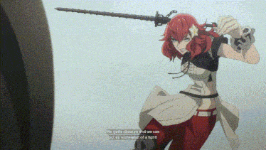 a girl with red hair is holding a sword and says " we gotta show ya "