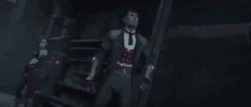 a person is holding a sword in a video game and a pink light is coming out of their hand .
