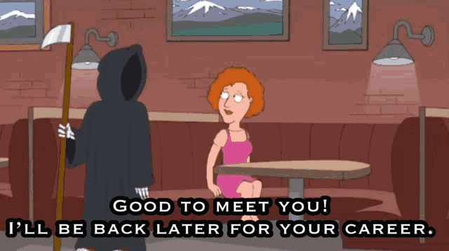 a grim reaper is talking to a woman sitting at a table in a diner