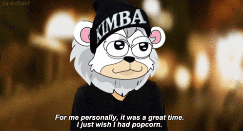 a cartoon bear wearing a beanie that says kimba