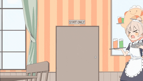 a cartoon drawing of a maid holding a tray in front of a door that says staff only