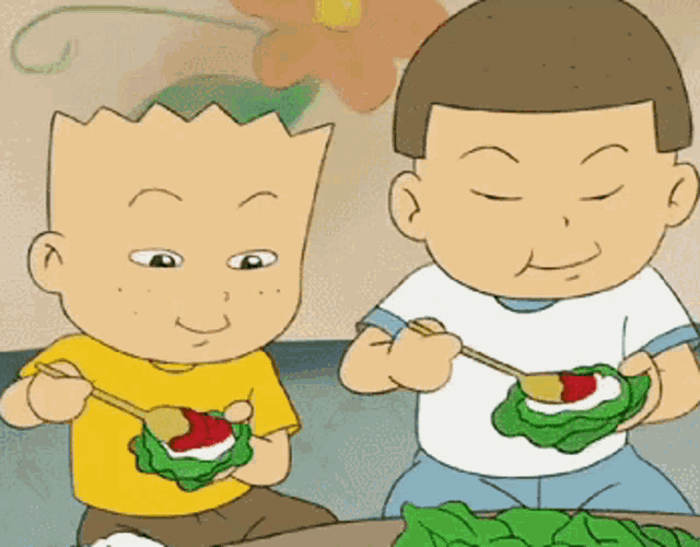 a cartoon of two boys eating food with spoons