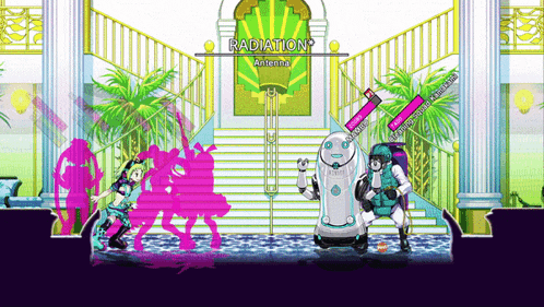 a cartoon scene with a staircase and a sign that says radiation on it