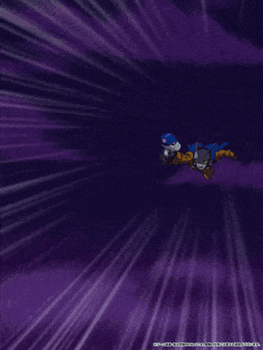 a cartoon character is flying through the air with a large blue ball behind him