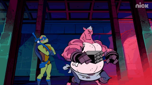two teenage mutant ninja turtles are standing next to a pig with a nick logo on the bottom right