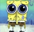 spongebob squarepants is a cartoon character with big eyes and a sad face .