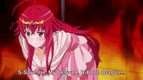 a girl in a pink dress is standing in front of a fire and says s-save me my beloved b-boob dragon