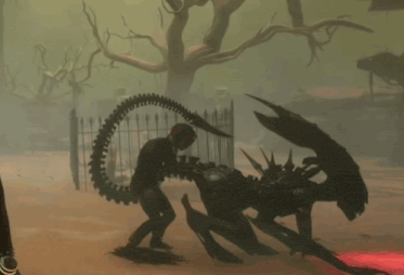 a man is being attacked by a monster with a large tail