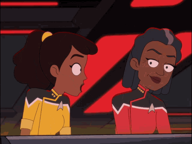 two cartoon characters are standing next to each other and one of them has a star trek uniform on
