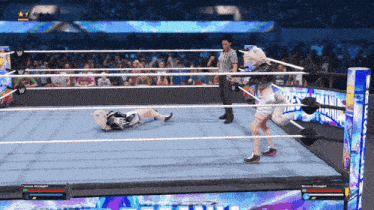 a video game screen shows a wrestling match between a man and a woman