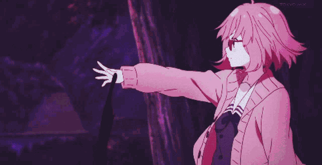 a girl with pink hair and glasses is in a tokyo mx anime scene