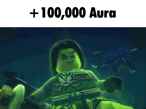 a green lego figure is holding a sword and the words +100,000 aura above him