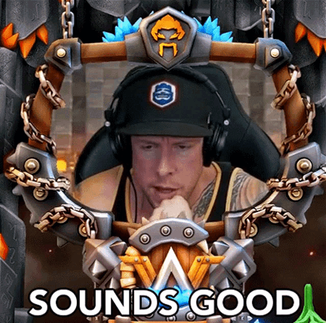 a man wearing headphones and a hat is in a frame with the words sounds good