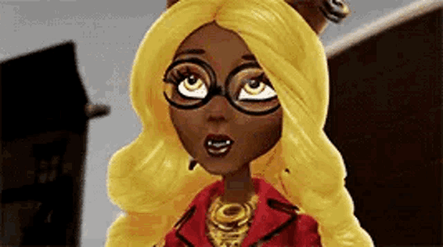 a monster high doll wearing glasses and a red jacket is standing in a room .