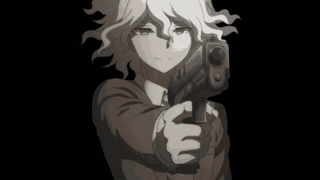 a cartoon character is pointing a gun with the letter e on it