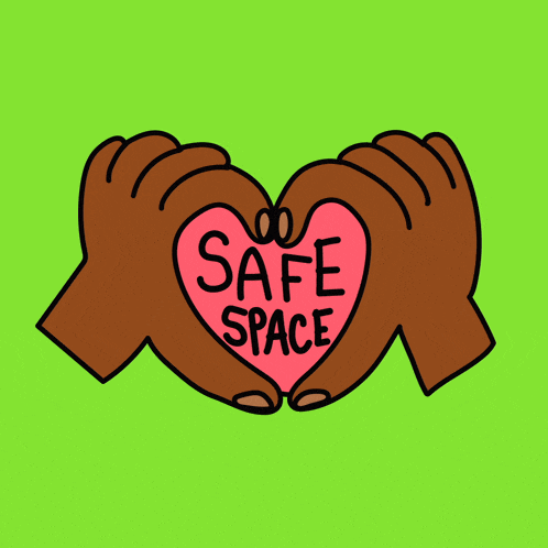a cartoon drawing of two hands making a heart with the words safe space on it