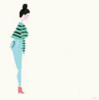 a cartoon illustration of two women holding hands and one is standing on one leg .