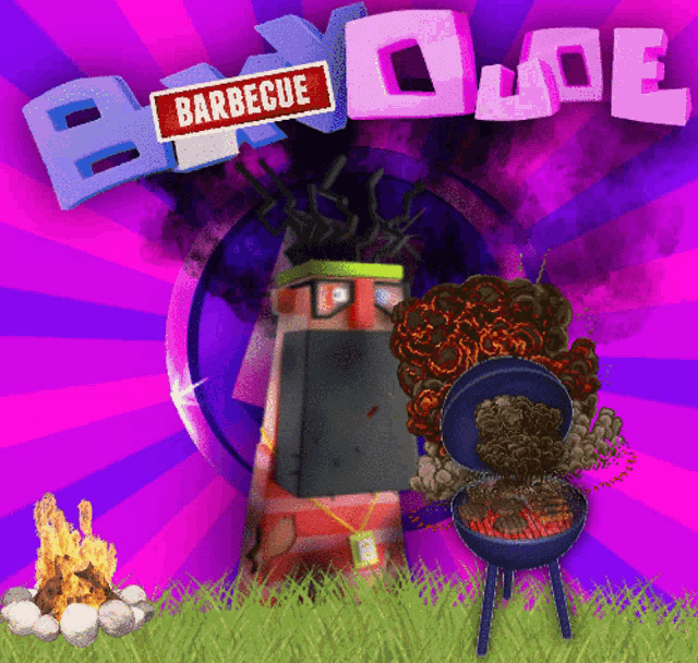 a cartoon drawing of a man grilling with the words barbecue in the background