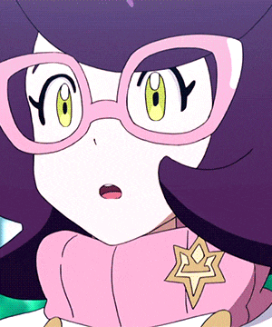 a close up of a cartoon character with glasses and a star on her chest