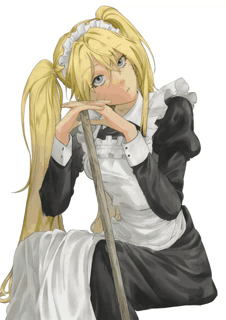 a girl in a maid outfit holds a broom in her hand